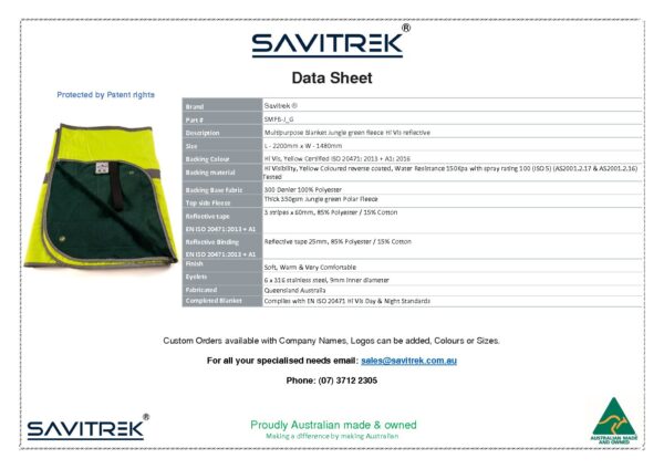 Jungle green multipurpose safety and outdoors blanket data sheet and product information