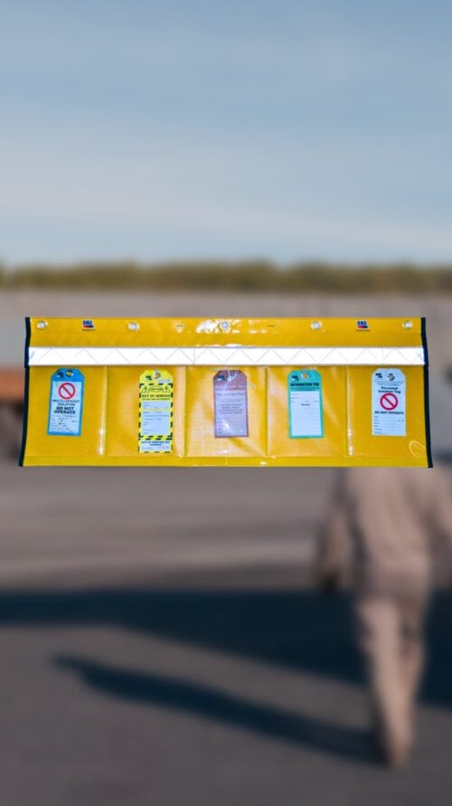 High-visibility yellow document holder with five clear PVC storage pockets