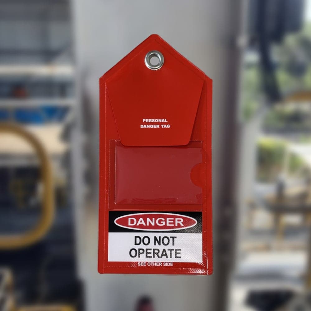 Savitrek Cirlock danger personal lockout tag pouch with clear card pocket, internal personal danger tag holder and do not operate warning for lockout tagout safety procedures in mining, industrial and electrical worksites.