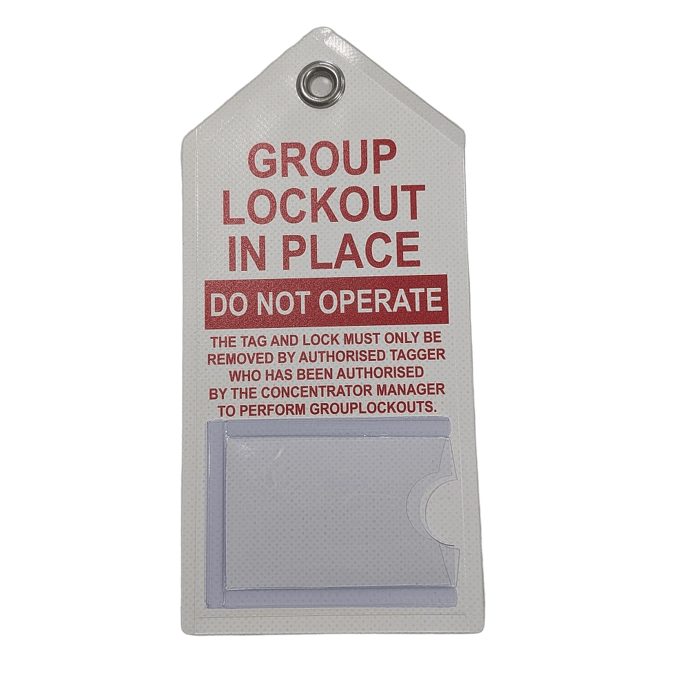 Group Lockout In Place Do Not Operate safety tag with reinforced eyelet and clear ID card pocket for industrial, mining and electrical lockout procedures.