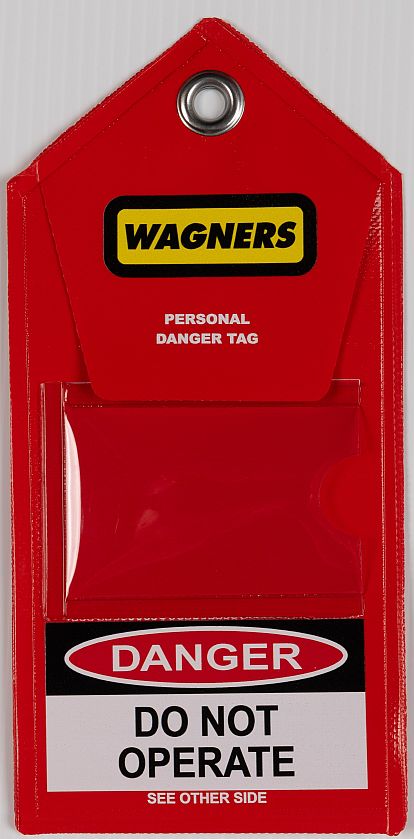 Savitrek Circlock danger personal lockout tag pouch with clear card pocket, internal personal danger tag holder and do not operate warning for lockout tagout safety procedures in mining, industrial and electrical worksites.